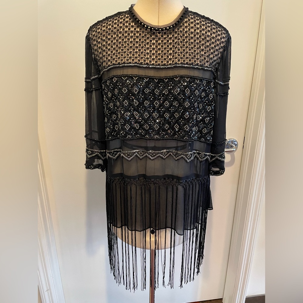 ELIE TAHARI BLACK AISLIN SHEER BEADED TOP WITH FRINGE Size XL